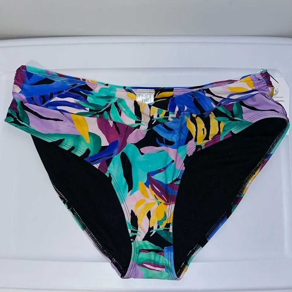 Time And Tru V-Cut Waist Bikini Bottom Size L 12-14 Floral Palm Print NWT